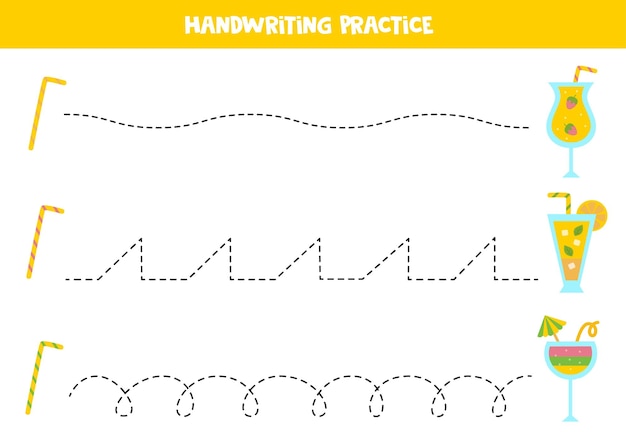 Vector tracing lines with cute summer cocktails writing practice