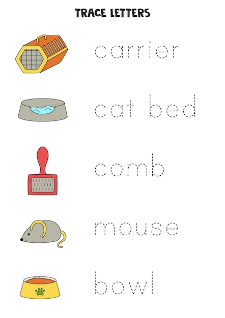 Tracing names of cute pet accessories Writing practice