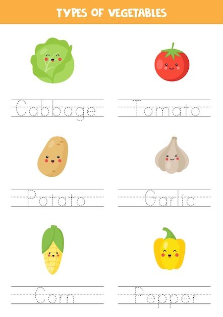 Tracing names of cute vegetables Writing practice