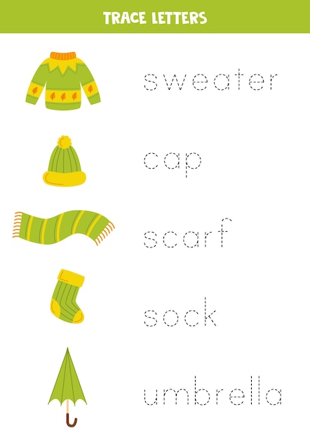 Tracing names of green warm clothes Writing practice