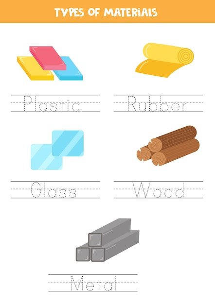 Tracing names of material types Writing practice