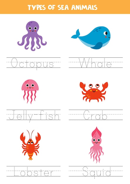 Tracing names of sea animal types Writing practice