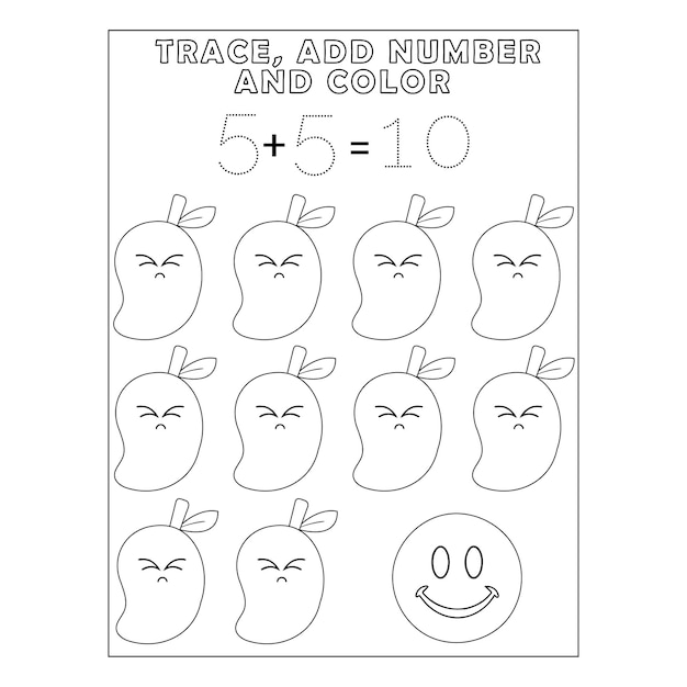 Tracing number add number and color pages for kids printable premium vector