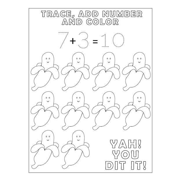 Tracing number add number and color pages for kids printable premium vector