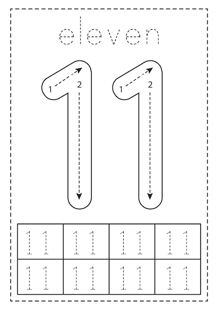 Tracing number eleven Preschool worksheet Black and white