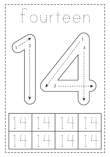 Tracing number fourteen Preschool worksheet Black and white