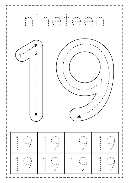 Tracing number nineteen Preschool worksheet Black and white