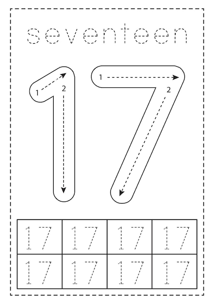 Tracing number seventeen Preschool worksheet Black and white