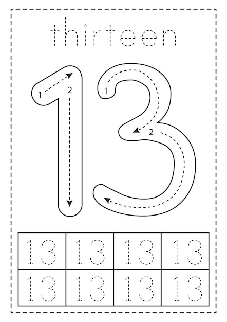 Tracing number thirteen Preschool worksheet Black and white