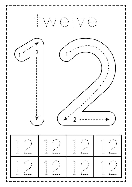 Tracing number twelve Preschool worksheet Black and white