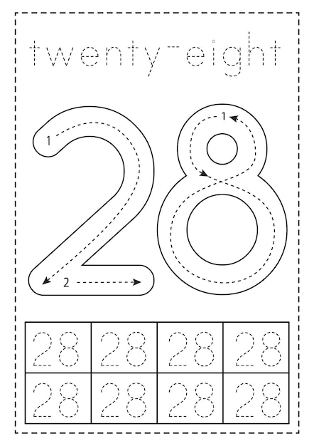 Tracing number twenty eight Preschool worksheet Black and white