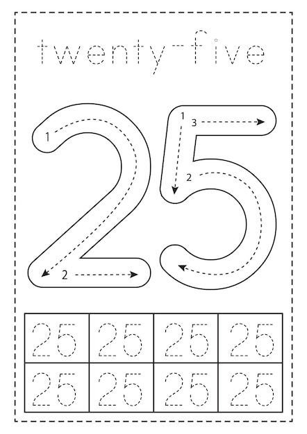 Tracing number twenty five Preschool worksheet Black and white