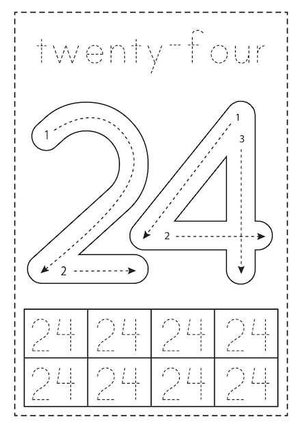 Tracing number twenty four Preschool worksheet Black and white