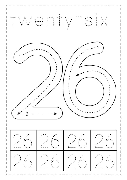 Tracing number twenty six Preschool worksheet Black and white