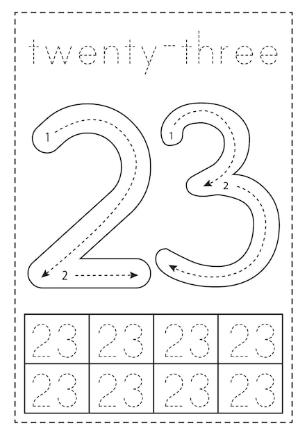 Tracing number twenty three Preschool worksheet Black and white