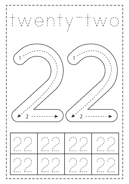 Tracing number twenty two Preschool worksheet Black and white