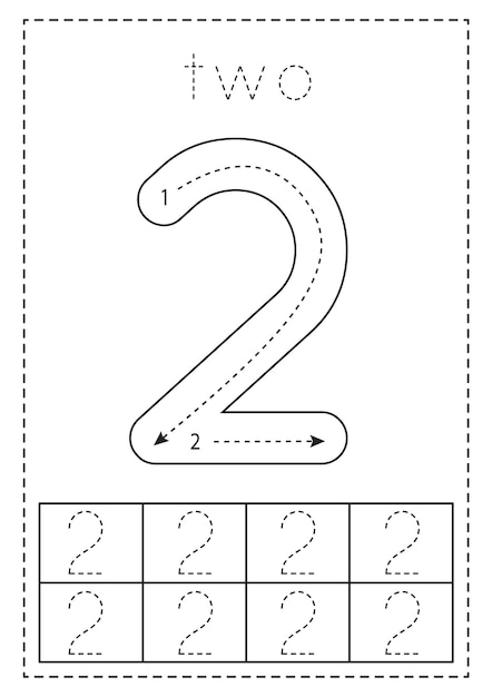 Tracing number two Preschool worksheet Black and white