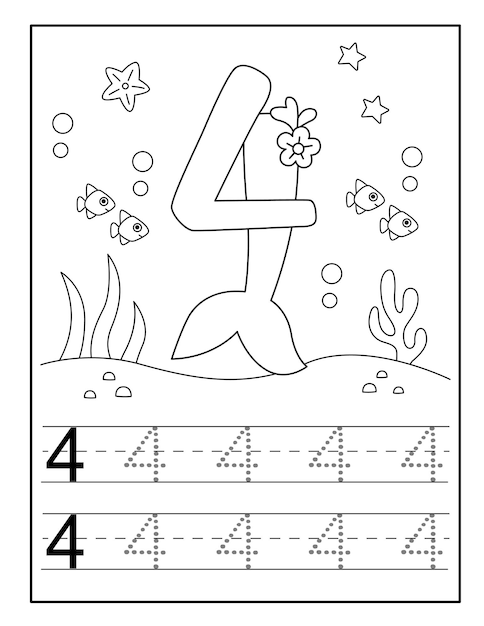 Tracing numbers worksheet with cute mermaid