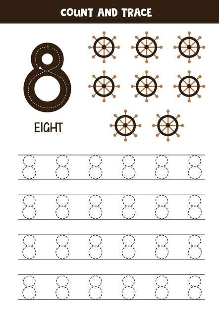 Tracing numbers worksheet with cute pirate elements