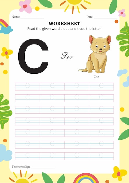 Tracing and reading worksheet for kids letter C