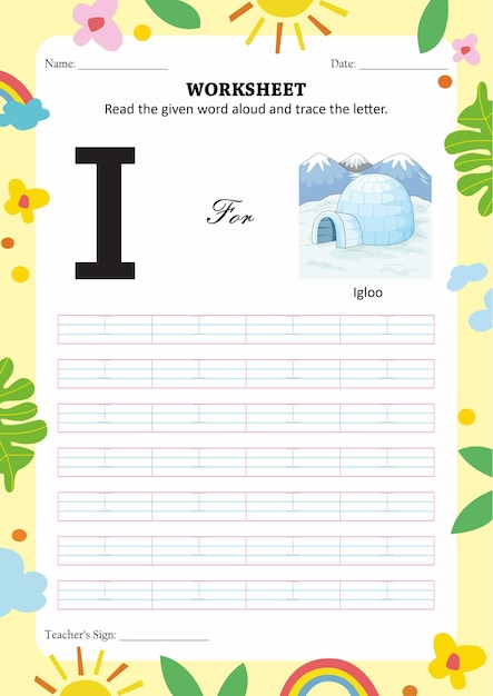 Tracing and reading worksheet for kids letter I