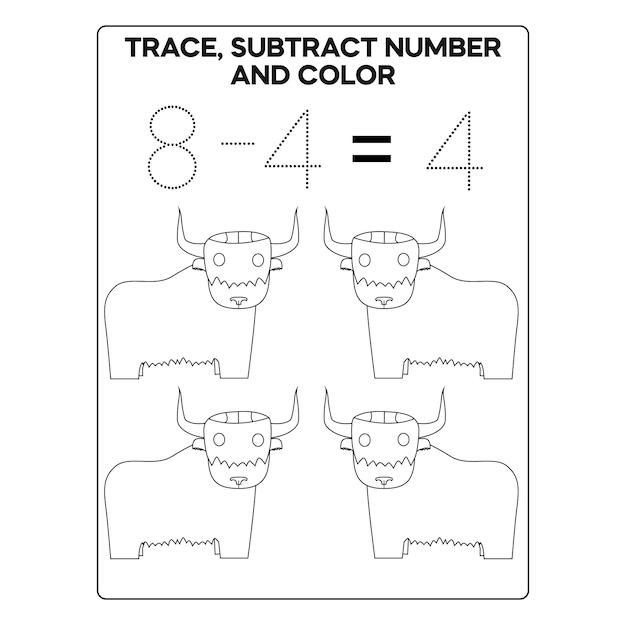 Tracing Subtract Number And Color Page for Kids Printable Premium Vector