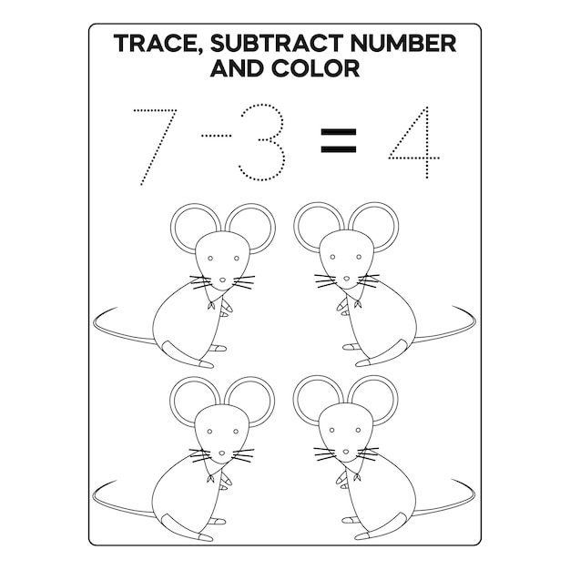 Tracing Subtract Number And Color Page for Kids Printable Premium Vector