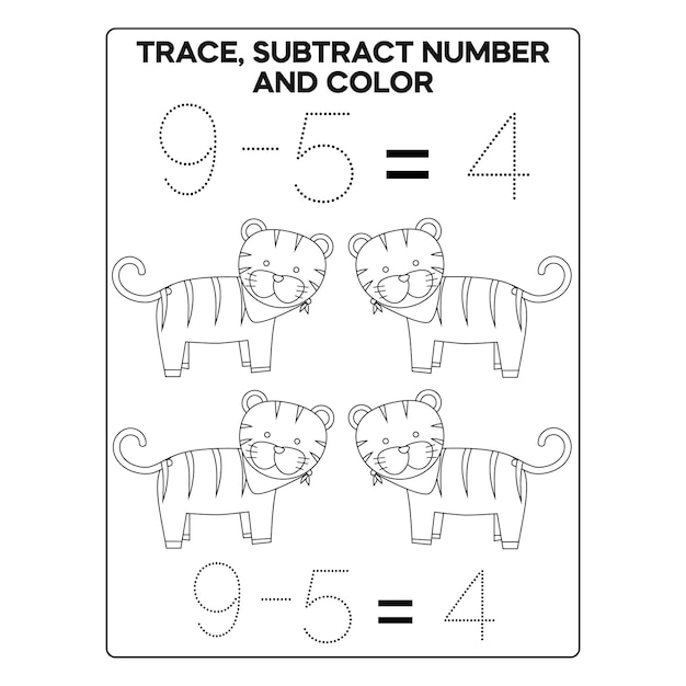 Tracing Subtract Number And Color Page for Kids Printable Premium Vector