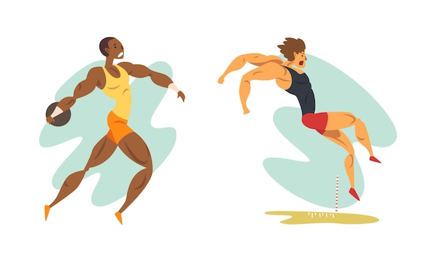 Vector track and field athletes in action set long jump disc throw cartoon vector illustration