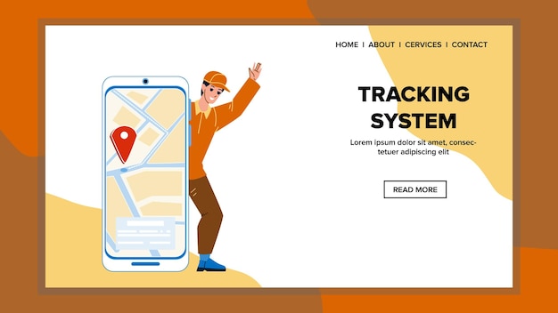 Vector tracking system map gps. phone city. route application. mobile app. delivery location character web flat cartoon illustration