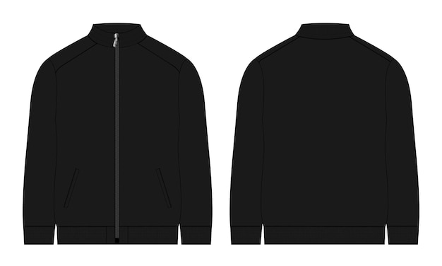 Tracksuits jacket sweatshirt technical fashion flat sketch vector illustration black color template