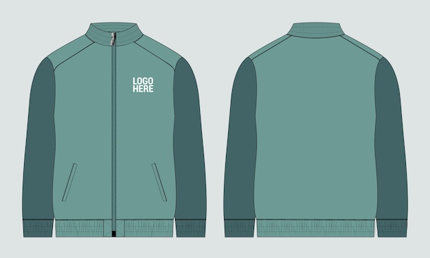 Tracksuits jacket sweatshirt technical fashion flat sketch vector illustration green color template