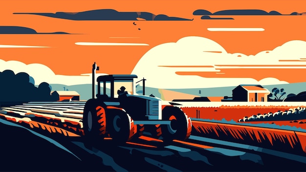 tractor plowing through a vast farmland vector illustration flat 2