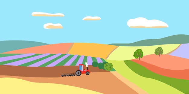 Vector tractor plows the ground background with meadows and fields fields of lavender green hills