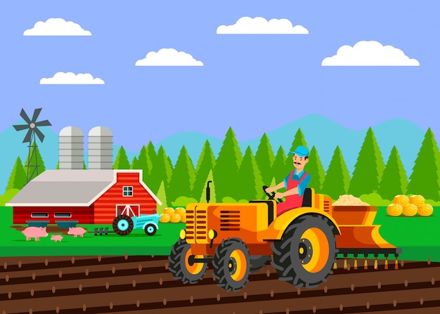 Tractor Seeding Field Flat Vector Illustration