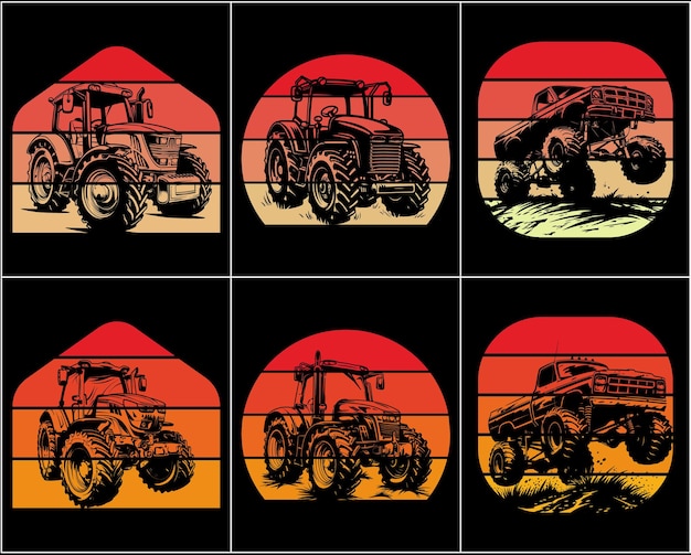 Tractor silhouette in the style of vector black monochrome tractor retro vintage sunset bundle