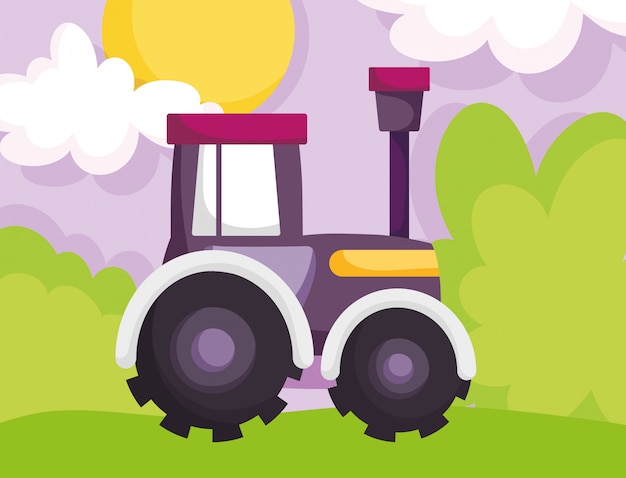 tractor truck machine grass sun clouds farm cartoon illustration