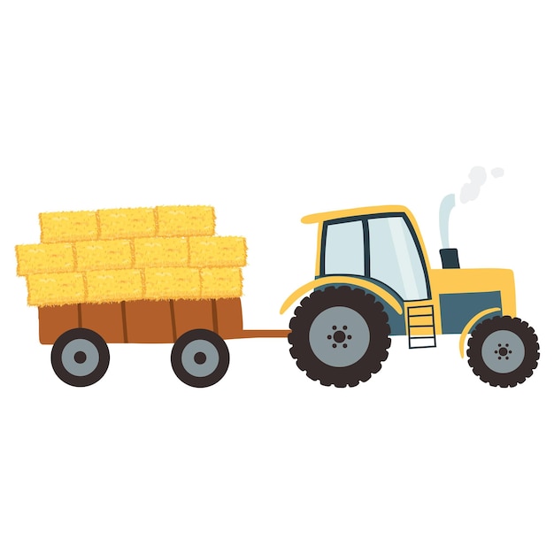 Tractor with agricultural haycock in the trailer in cartoon flat style rural hay rolled stack dried farm haystack Vector illustration of fodder straw