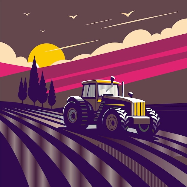 a tractor with a sunset in the background