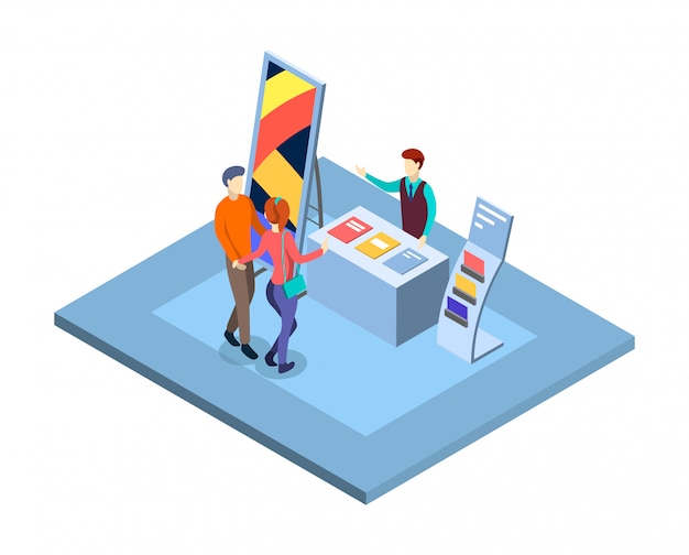 Vector trade show isometric illustration. visitors at promotional expo stand with salesman, manager characters. trade exhibition isolated 3d interior. commercial tradeshow presentation