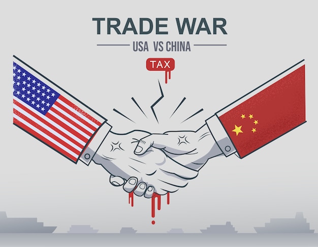 Trade war China vs USA trade and American tariffs as economic taxation dispute.