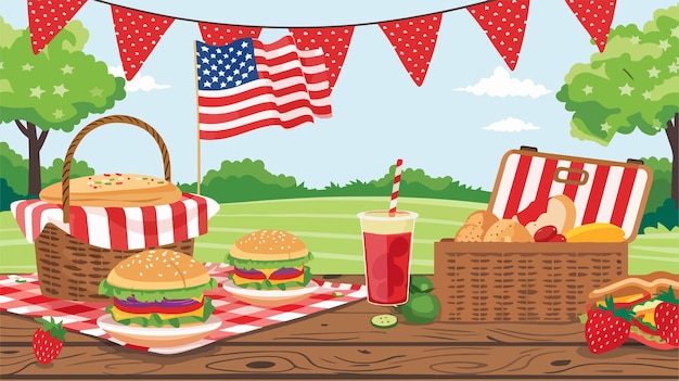 Vector traditional american food with picnic basket and flag