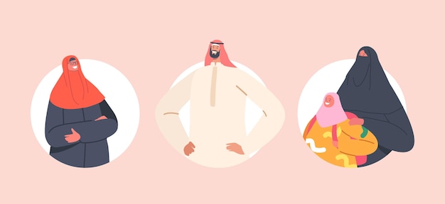 Traditional Arab Family Characters Avatars or Isolated Round Icons Parents and Child Saudi People Wear National Clothes Muslim Culture Tradition Arabian Personages Cartoon Vector Illustration