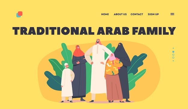 Traditional Arab Family Landing Page Template Parents and Children Characters Saudi People Wear National Clothes