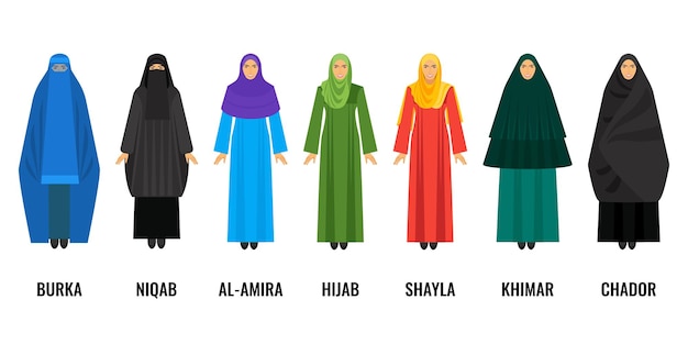 Traditional Arabic women clothing. Blue burqa, black niqab, purple al-amira, green huab, yellow shayla, emerald khimar and dark chador vector illustration