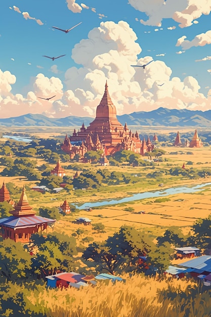 Vector traditional art of bagan myanmar