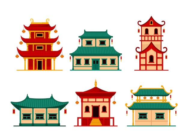 Traditional Asian Buildings Isolated Icons Pagoda Mausoleum Temple with Lanterns Travel Destination Landmarks of Japan China or Korea National Buddhism Architecture Cartoon Vector Illustration