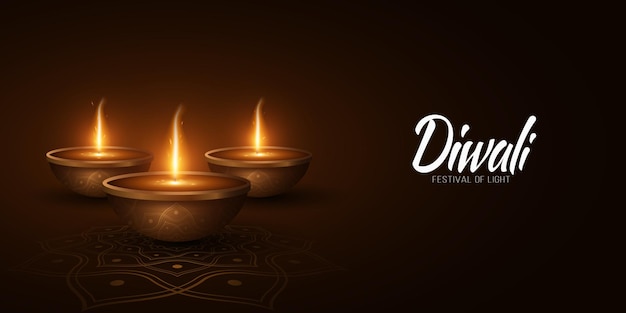 Traditional banner for Diwali festival of light Diya lamps with mandala ornament Burning flame with particles Festive header for website Greeting card in Indian style Vector illustration