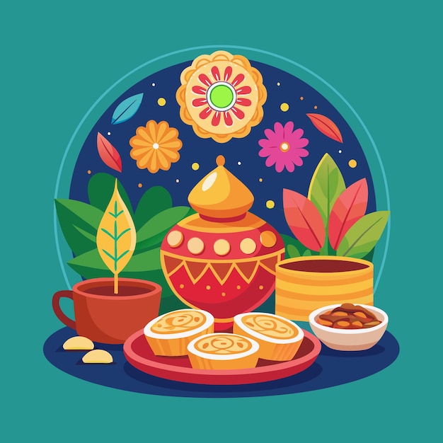 Vector traditional bhai dooj sweets and diya arrangement illustration artwork