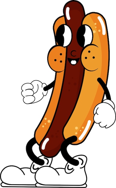 Traditional Cartoon hot dog. Hand drawn flat trendy cartoon in vector